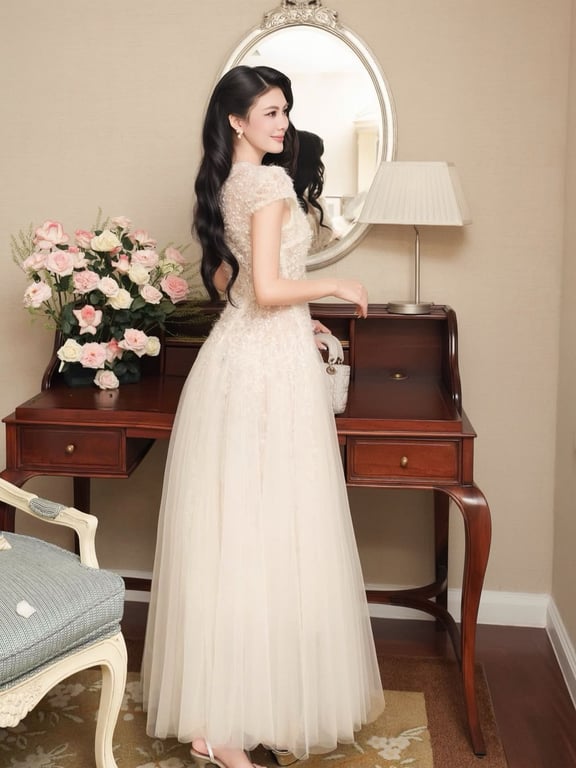 Đầm cổ V ren bông tay phồng