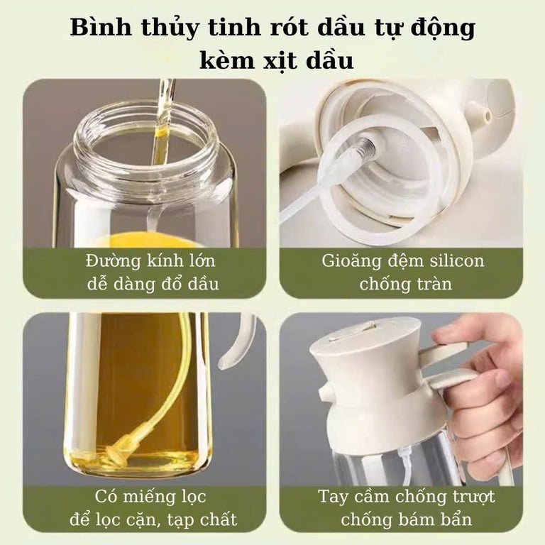 Bình thủy tinh rót dầu tự động, kèm xịt dầu GHA905