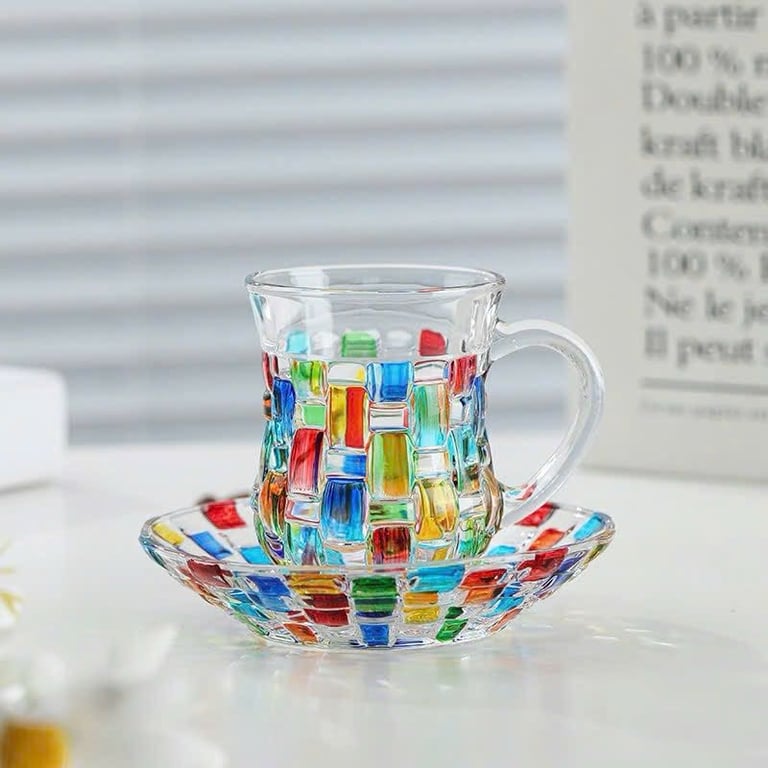 Cốc Thủy Tinh Cầu Vồng Kèm Đĩa Sang Trọng