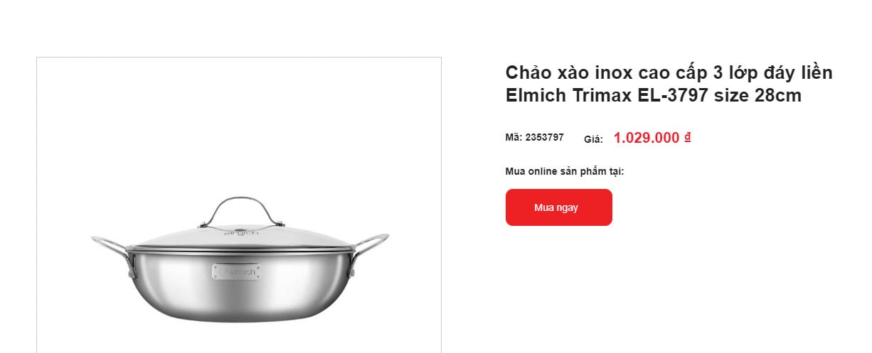CHẢO XÀO INOX CAO CẤP 3 LỚP ĐÁY LIỀN ELMICH TRIMAX size 28-30