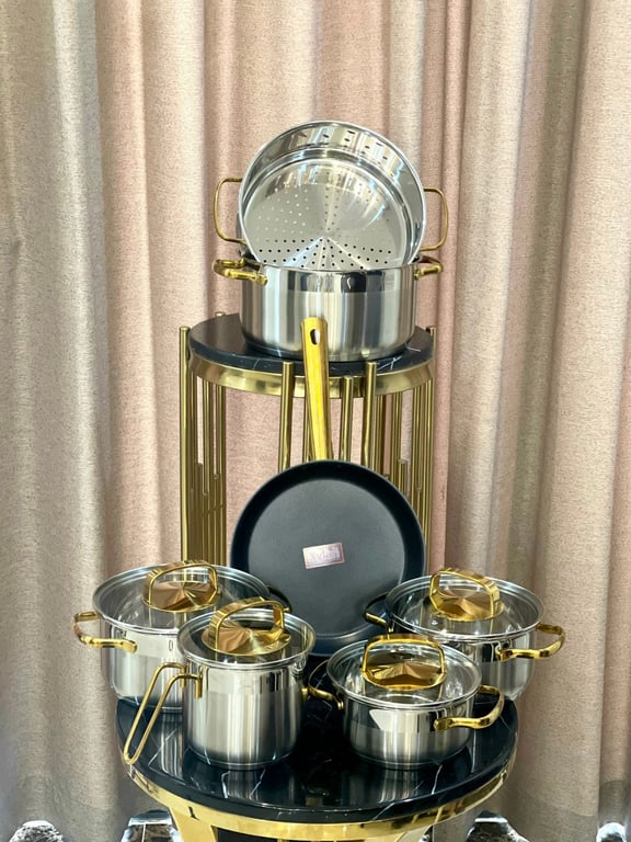 Bộ nồi inox 3 đáy 7 món kèm xửng hấp Gold Max