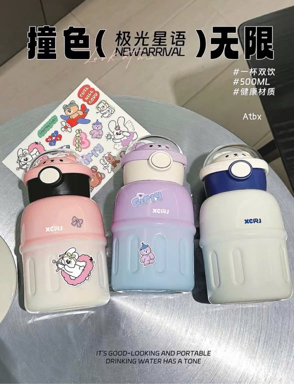 BÌNH GIỮ NHIỆT GẤU KÈM STICKER DÁN CUTE 500ml