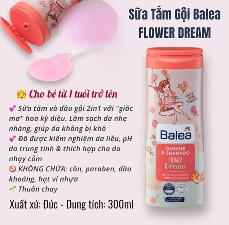 🙆 🙋 Sữa tắm gội trẻ em Balea 2 trong 1 dịu nhẹ, giữ hương thơm lâu - Tuýp lớn 300ml
