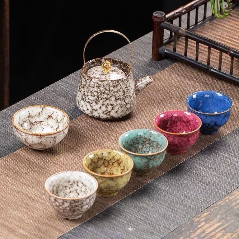 Bộ ấm chén ngũ hành phong thuỷ kèm hộp gỗ .