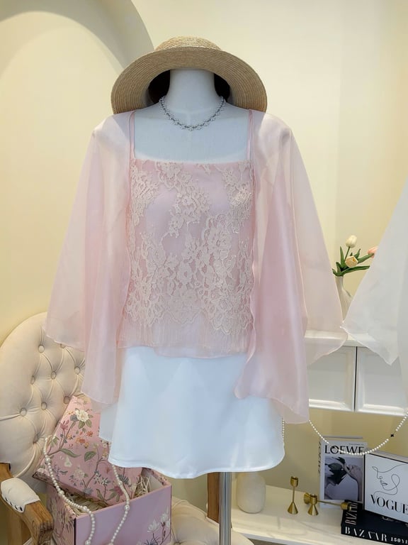 Set 3 món áo dây, chân váy lụa, áo choàng hồng