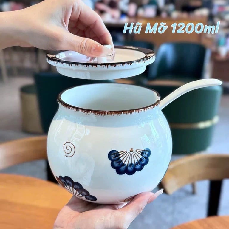 Hũ sứ đựng mỡ - đựng gia vị 1200ml