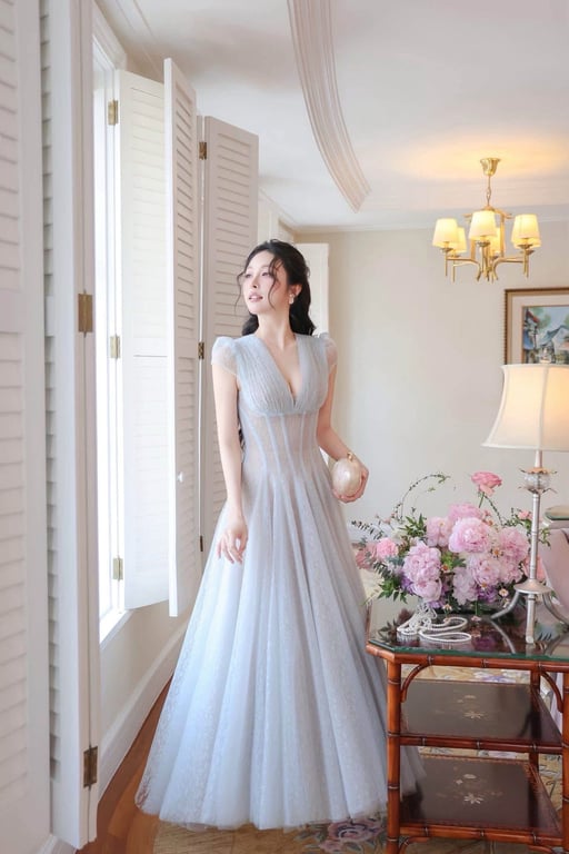Đầm ren dáng dài cổ V tay nhí (màu xanh) - DT298