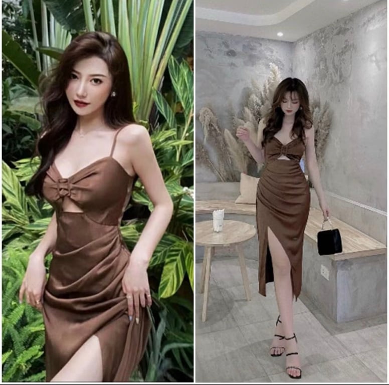 Váy lụa nâu 2 dây body
