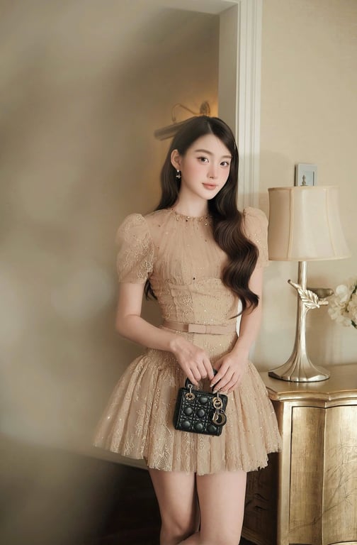 ChouChou - Váy ren nâu đính đá nơ eo - sz S