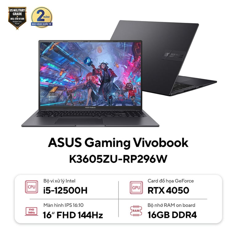 Laptop Gaming ASUS Vivobook 16X K3605ZU-RP296W (i5-12500H, RTX 4050 6GB, RAM 16GB DDR4, SSD 512GB, 16 Inch IPS WUXGA 144Hz, Win 11)