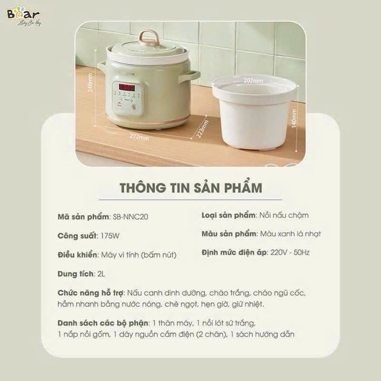 NỒI NẤU CHẬM BEAR NNC20 DUNG TÍCH 2.0L