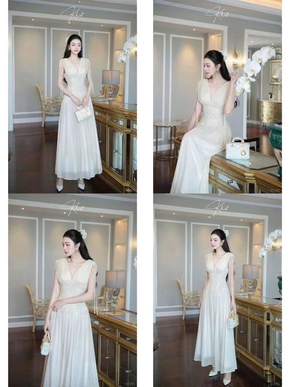 Váy ren trắng dài cột dây vai size M