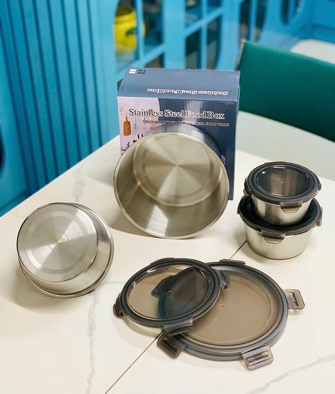 SET 4 HỘP ĐỰNG THỨC ĂN BẰNG INOX 304 CỠ LỚN CÓ NẮP ĐẬY FSB01🥳