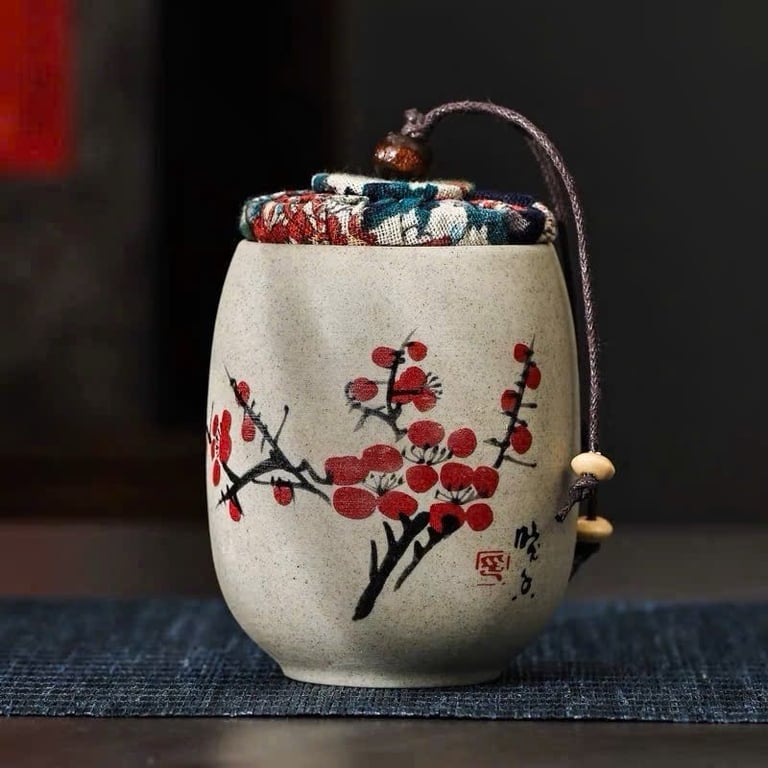 Hũ đựng trà gốm thô họa tiết hoa Mai_Lan_Cúc_Trúc