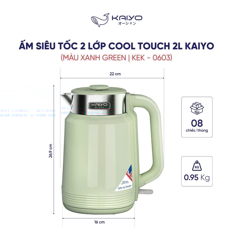 Ấm siêu tốc 2 lớp Cool touch Kaiyo size 2L