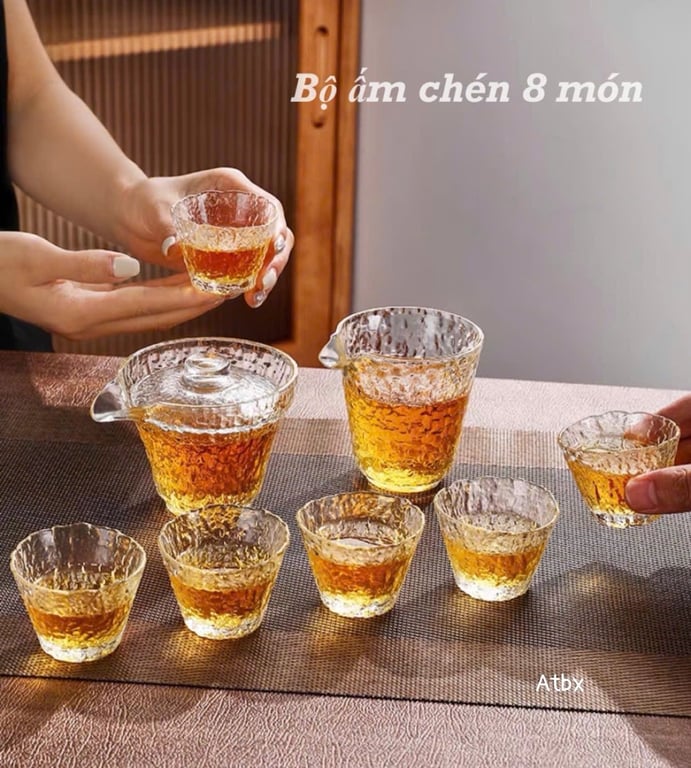 Bộ Ấm Chén Pha Trà Bằng Thuỷ Tinh Chịu Nhiệt Cao Cấp - Bộ Chén Khải 8 Món