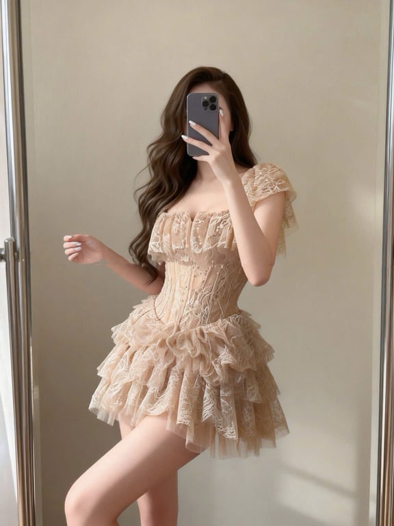 Váy corset tầng lưới nâu - sz M