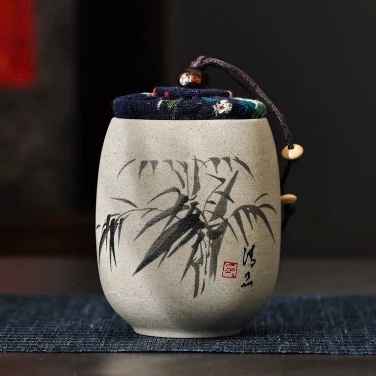Hũ đựng trà gốm thô họa tiết hoa Mai_Lan_Cúc_Trúc