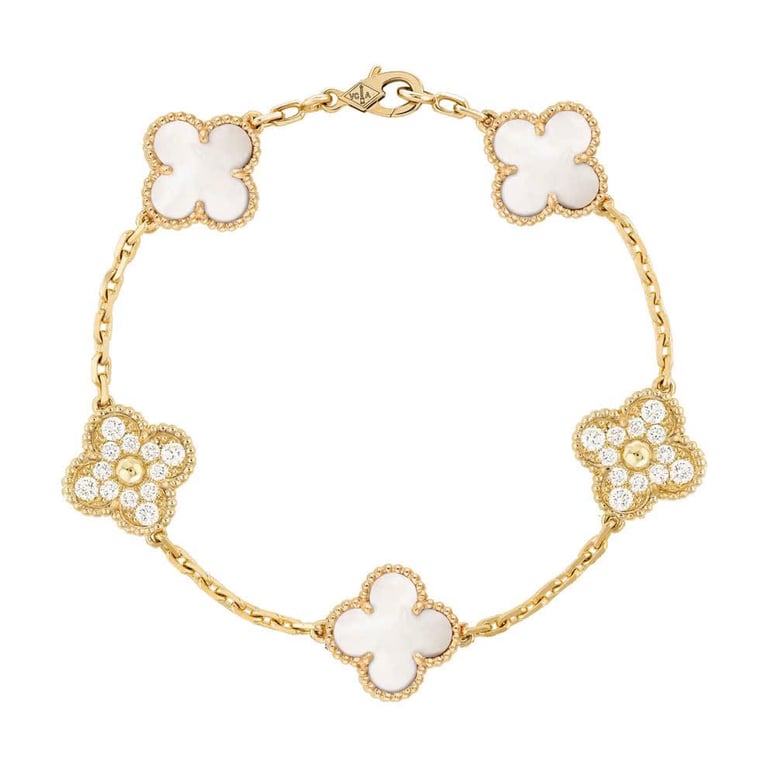 Lắc Vintage Alhambra bracelet 5 motifs Van Cleef & Arpels (Xà cừ trắng phối kim cương)