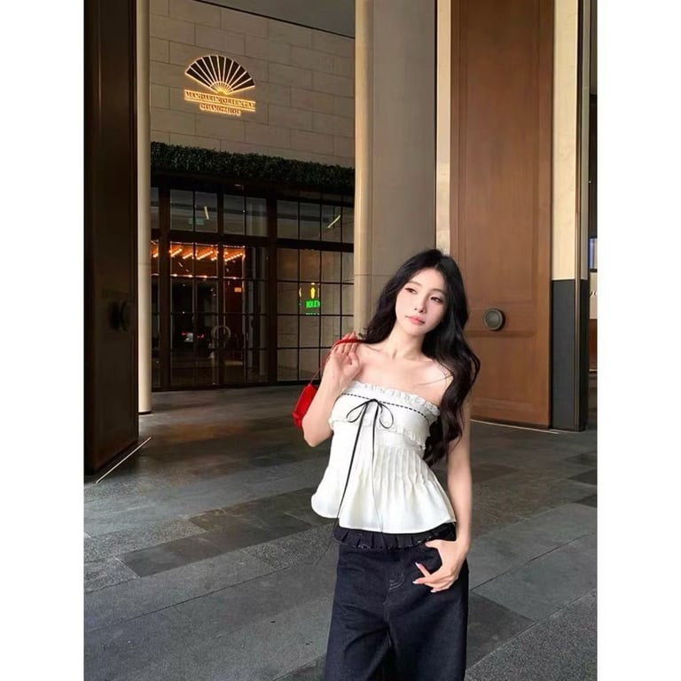 ÁO QUÂY THẮT NƠ VIỀN REN NHÚN BÈO