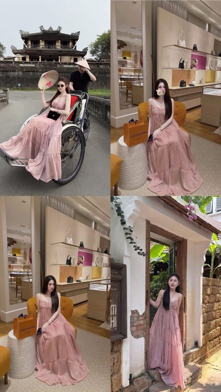 Váy tơ maxi 2 dây hồng lót lụa - DT238