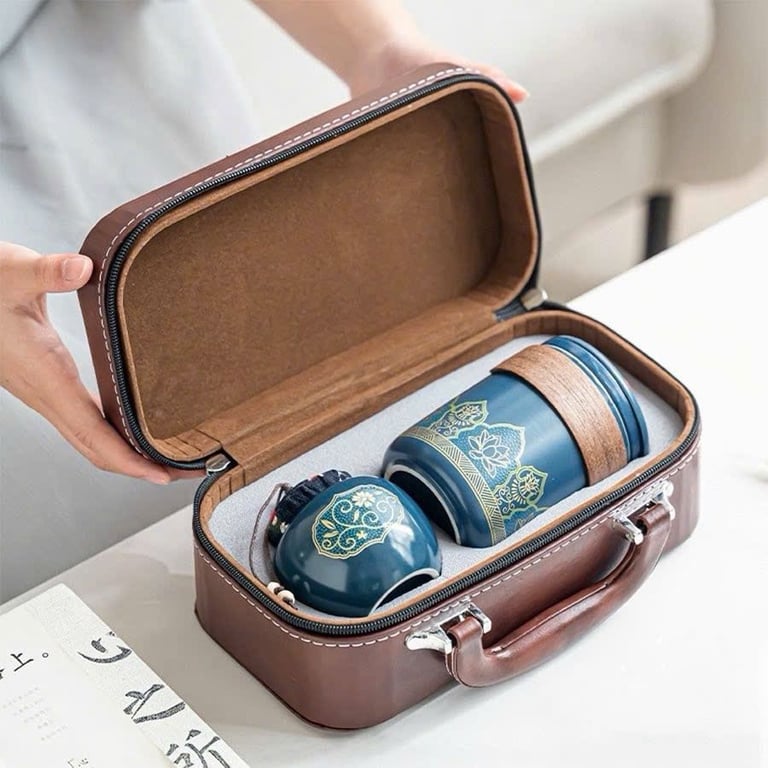 BỘ HỘP TRÀ SỨ KÈM TÚI DA CAO CẤP DẠNG HỘP phong cách Nhật Bản (6 món)