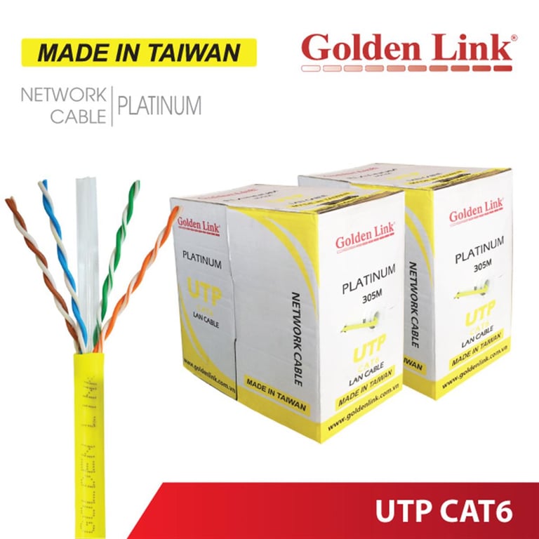 Dây Cáp Mạng Golden Link UTP Cat 6 Platinum TAIWAN 305m/Cuộn (Vàng)