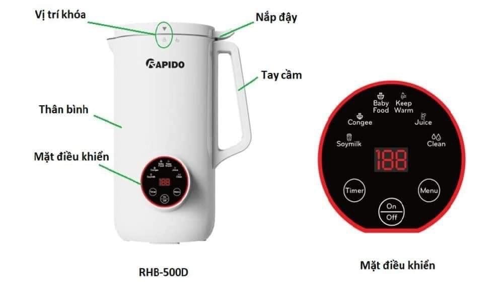 Máy sữa hạt mini  RAPIDO: RHB-500D  (800ml )