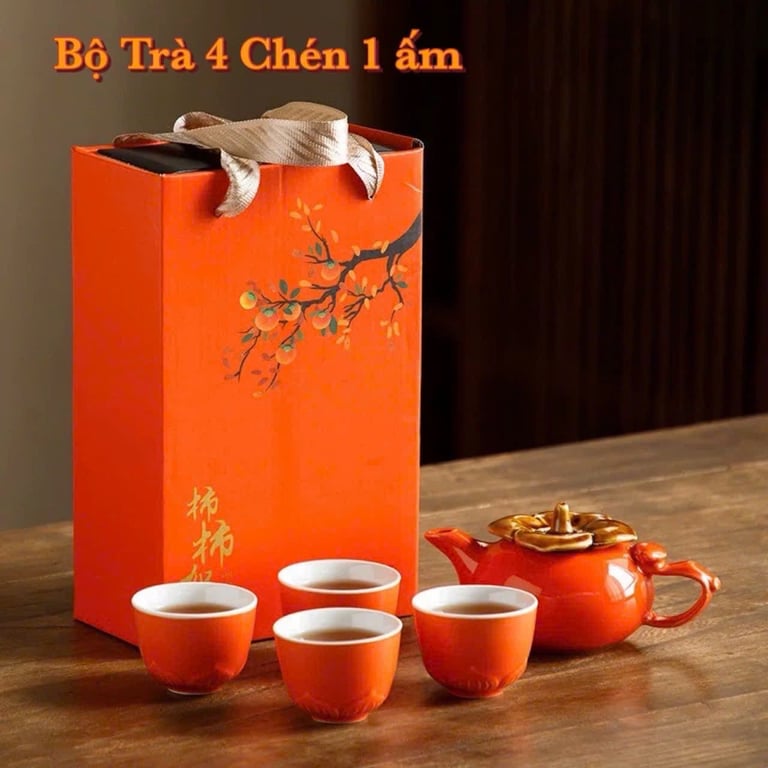 BỘ ẤM TRÀ GỐM SỨ HÌNH QUẢ HỒNG