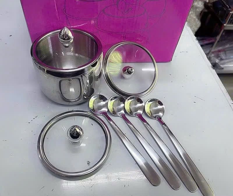 SET HŨ GIA VỊ INOX NẮP KÍNH KÈM KỆ