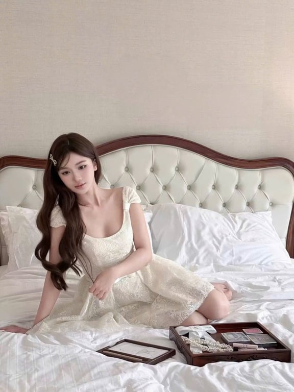 Váy kem ren hoa tuyết nơ eo - sz M