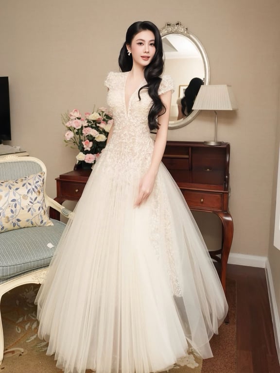 Đầm cổ V ren bông tay phồng