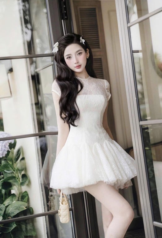 Váy ren ngắn có tay trắng