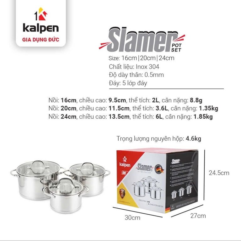 BỘ NỒI INOX 304 CAO CẤP 5 ĐÁY KALPEN SLAMER SM1