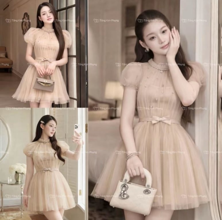 Đầm lưới tay bồng đính cườm