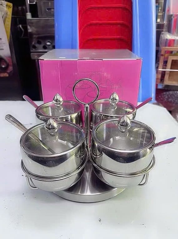 SET HŨ GIA VỊ INOX NẮP KÍNH KÈM KỆ