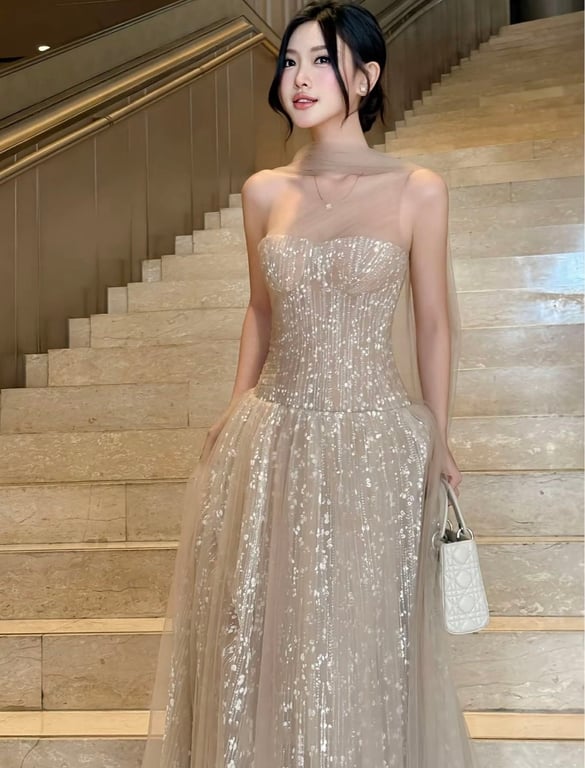 Đầm thiết kế dự tiệc kim sa voan chéo