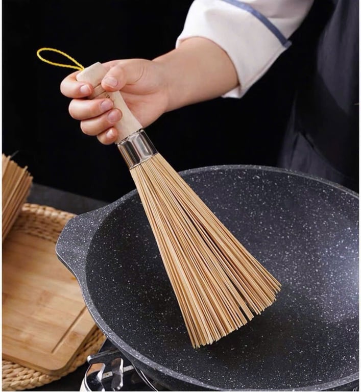 Chổi cọ nồi cọ chảo cán gỗ chổi tre cọ