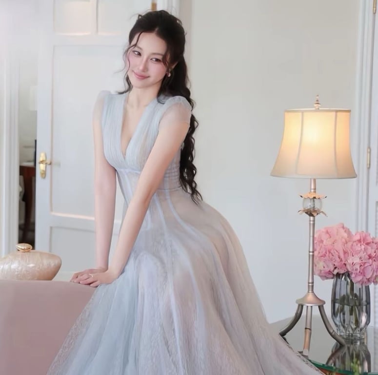 Đầm ren dự tiệc 3 lớp xanh