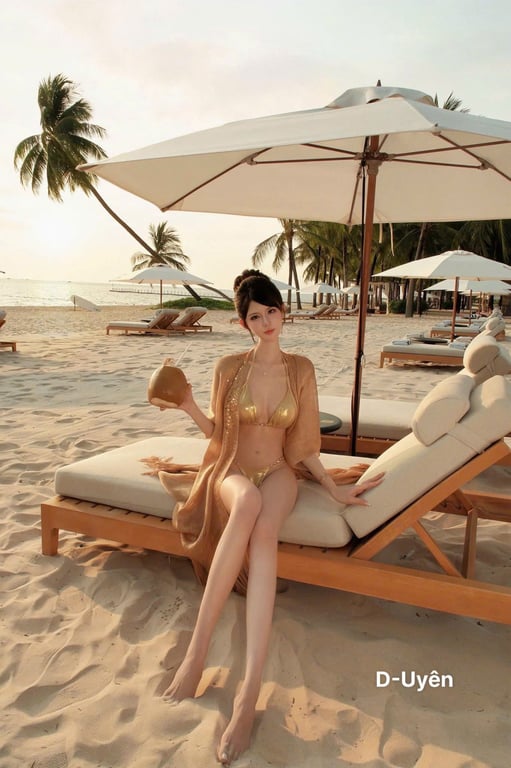 Set bikini vàng óng, kèm choàng bling