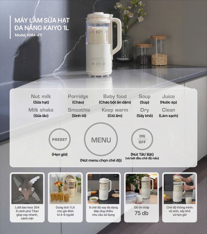 MÁY LÀM SỮA HẠT ĐA NĂNG KAIYO 1000ML (KNM-411)