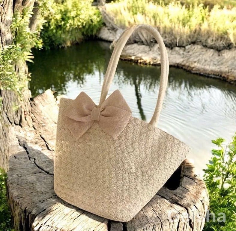 HNG29 -  Set Túi Mũ Cói Geisha đính nơ - Phong Cách Vintage Nhẹ Nhàng