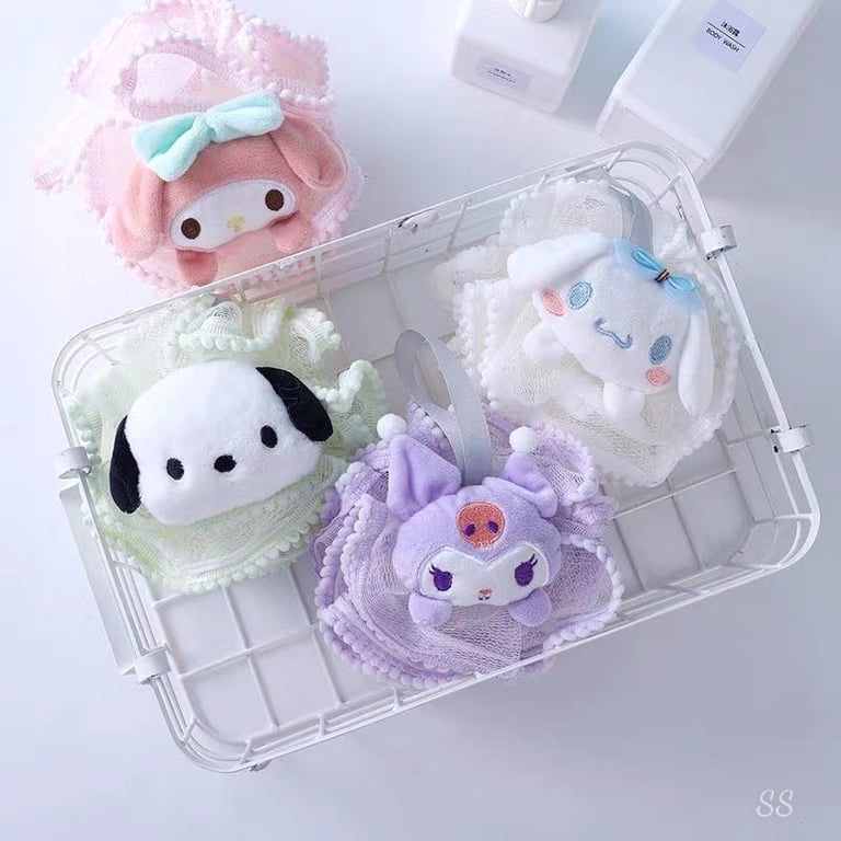 Bông Tắm Tạo Bọt Vải Lưới Hình Thú Nhồi Bông Kuromi - Melody - Cinnamoroll - Pochacco Bông Tắm Tẩy Tế Bào Chết