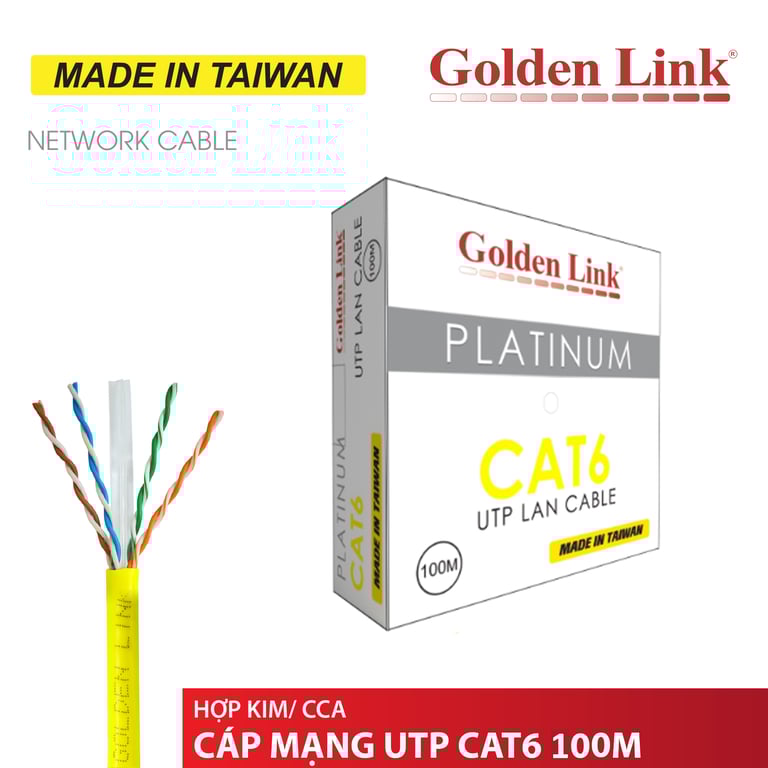 Dây Cáp Mạng Golden Link UTP Cat 6 Platinum TAIWAN 100m/Cuộn ((Vàng)