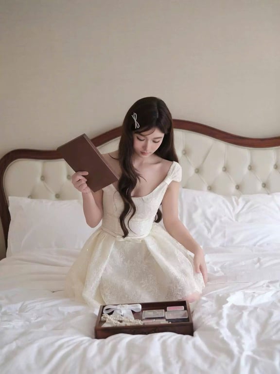 Váy kem ren hoa tuyết nơ eo - sz M
