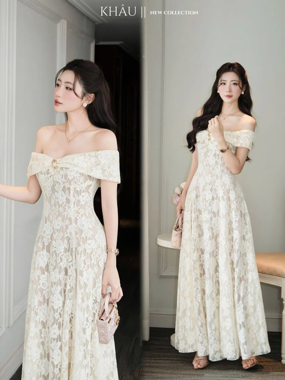 Váy ren xoè trắng trễ vai
