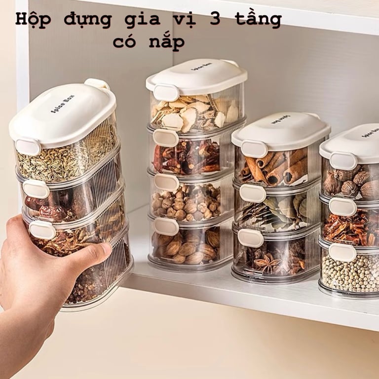 Hộp Đựng Bảo Quản Gia Vị Thực Phẩm 3 Tầng Có Nắp Nhà Bếp