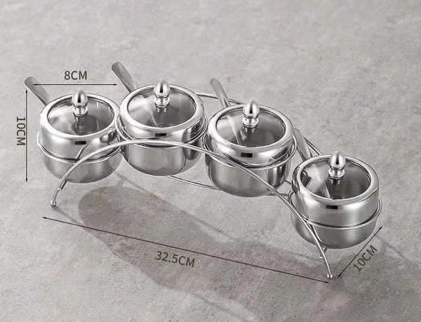 SET HŨ GIA VỊ INOX NẮP KÍNH KÈM KỆ