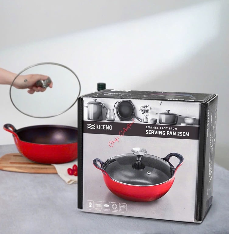 Chảo gang OCENO sâu lòng kèm vung kính (màu đỏ, màu xanh)sz 20-25cm