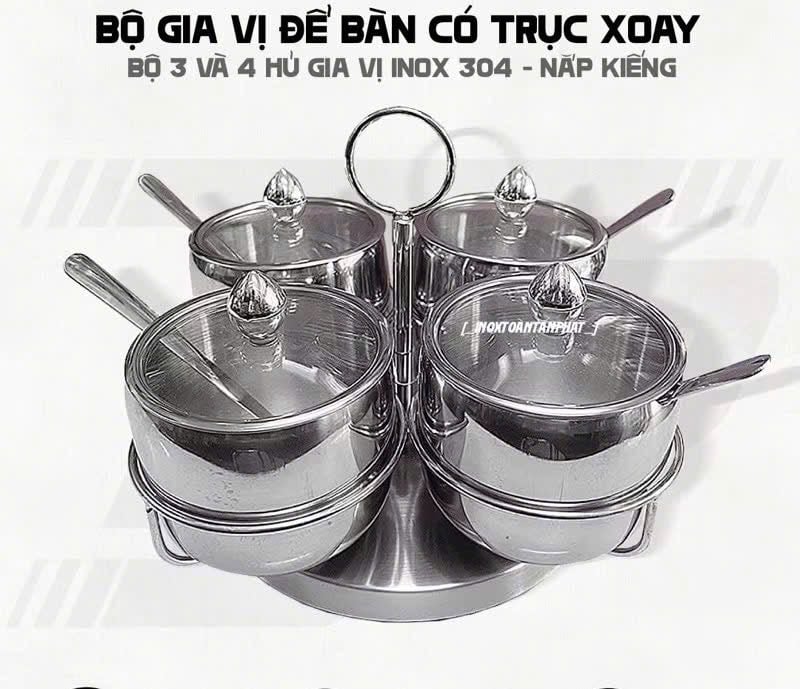 SET HŨ GIA VỊ INOX NẮP KÍNH KÈM KỆ
